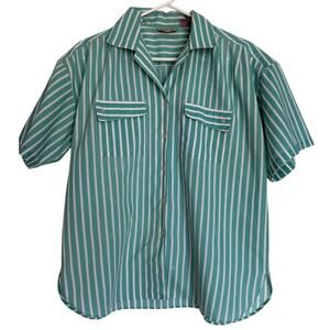80's Womens Vintage Grand Design Aqua Stripe Coastal Button Down Shirt T-Shirt
